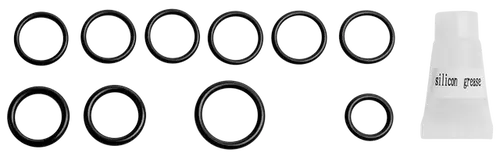 Set von schwarzen O-Ringen mit einer Tube Silikonfett, präsentiert von der Marke Wolf. Verschiedene Größen für Dichtungsanwendungen.